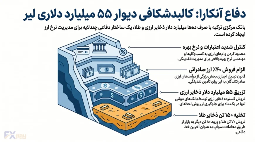 اینفوگرافیک کالبدشکافی دیوار دفاعی لیر؛ بررسی ۶ ابزار پنهان بانک مرکزی ترکیه از جمله فروش ۵۵ میلیارد دلار ارز و تخلیه ذخایر طلا.