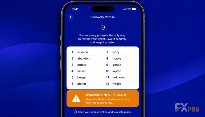 نمایش ۱۲ کلمه بازیابی (Seed Phrase) به همراه هشدار امنیتی برای عدم اشتراکگذاری
