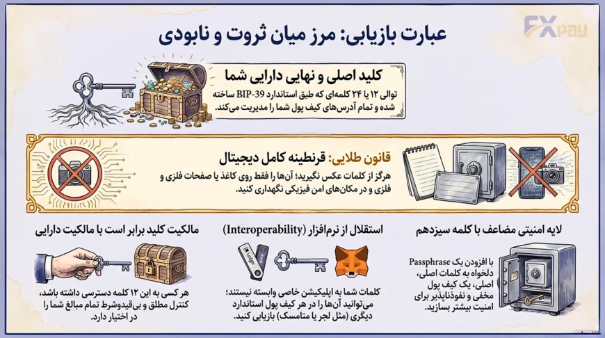 اینفوگرافیک فارسی مقایسه ساختار عبارت بازیابی (Seed Phrase)، کلید خصوصی و آدرس کیف پول ارز دیجیتال